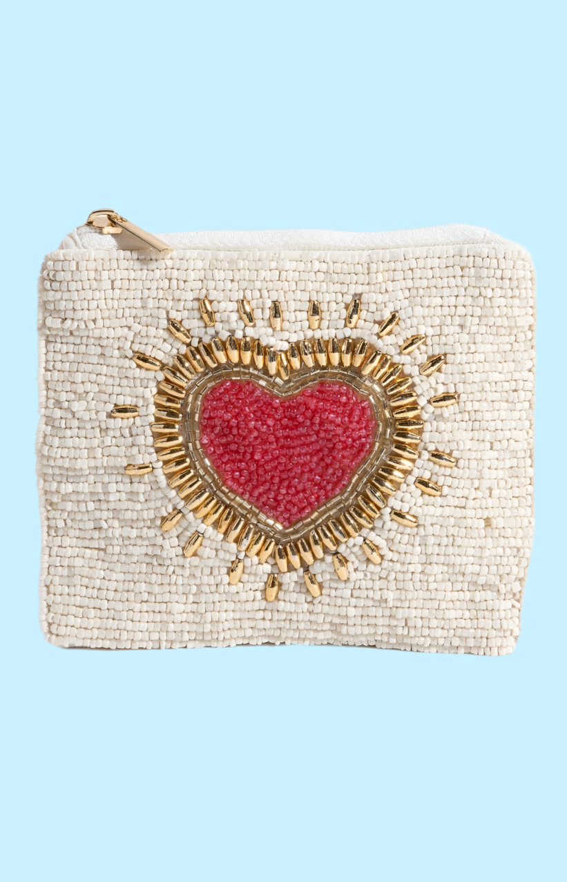 Seed Beaded Shining Heart Coin Purse: Multi