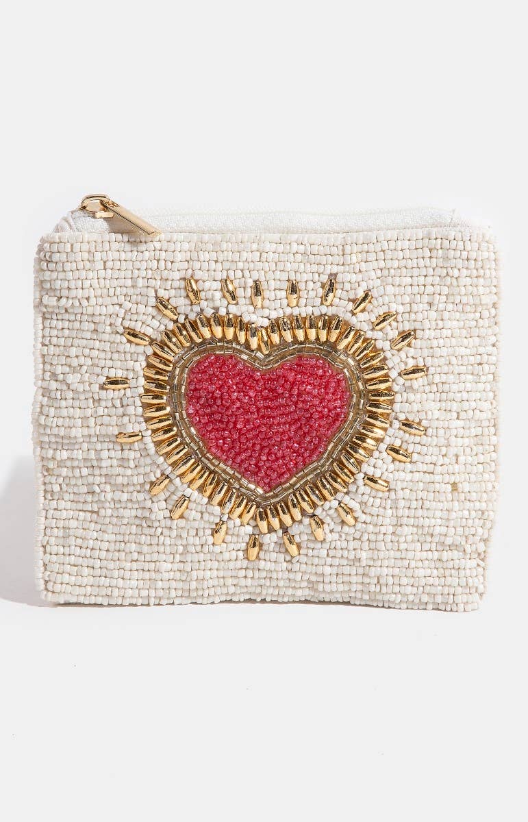 Seed Beaded Shining Heart Coin Purse: Multi